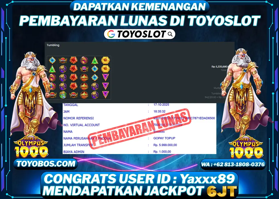 TOYOSLOT - BUKTI KEMENANGAN Gates Of Olympus 1000x Rp6,000,000,- LUNAS
